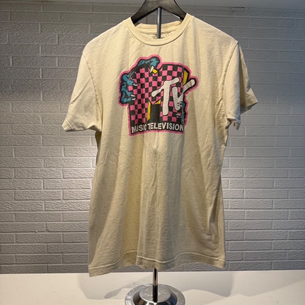 MTV‎ Music Television Graphic T Shirt Cream Short Sleeve Logo Tee Top